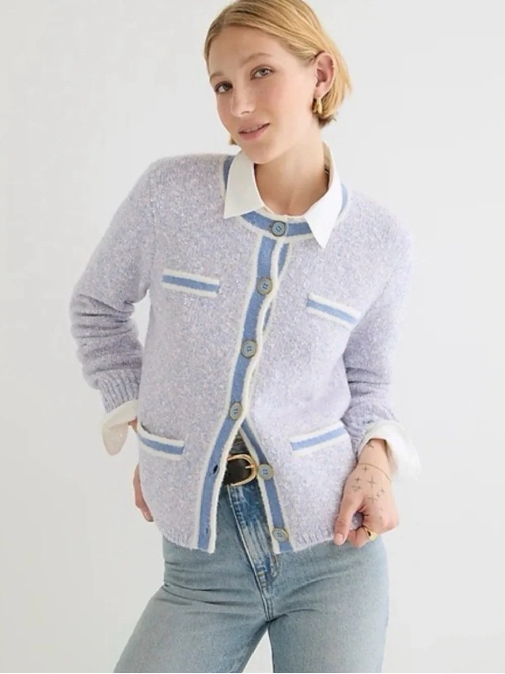 J. Crew Marled Lilac Blue Seascape White Knit Sweater Lady Jacket